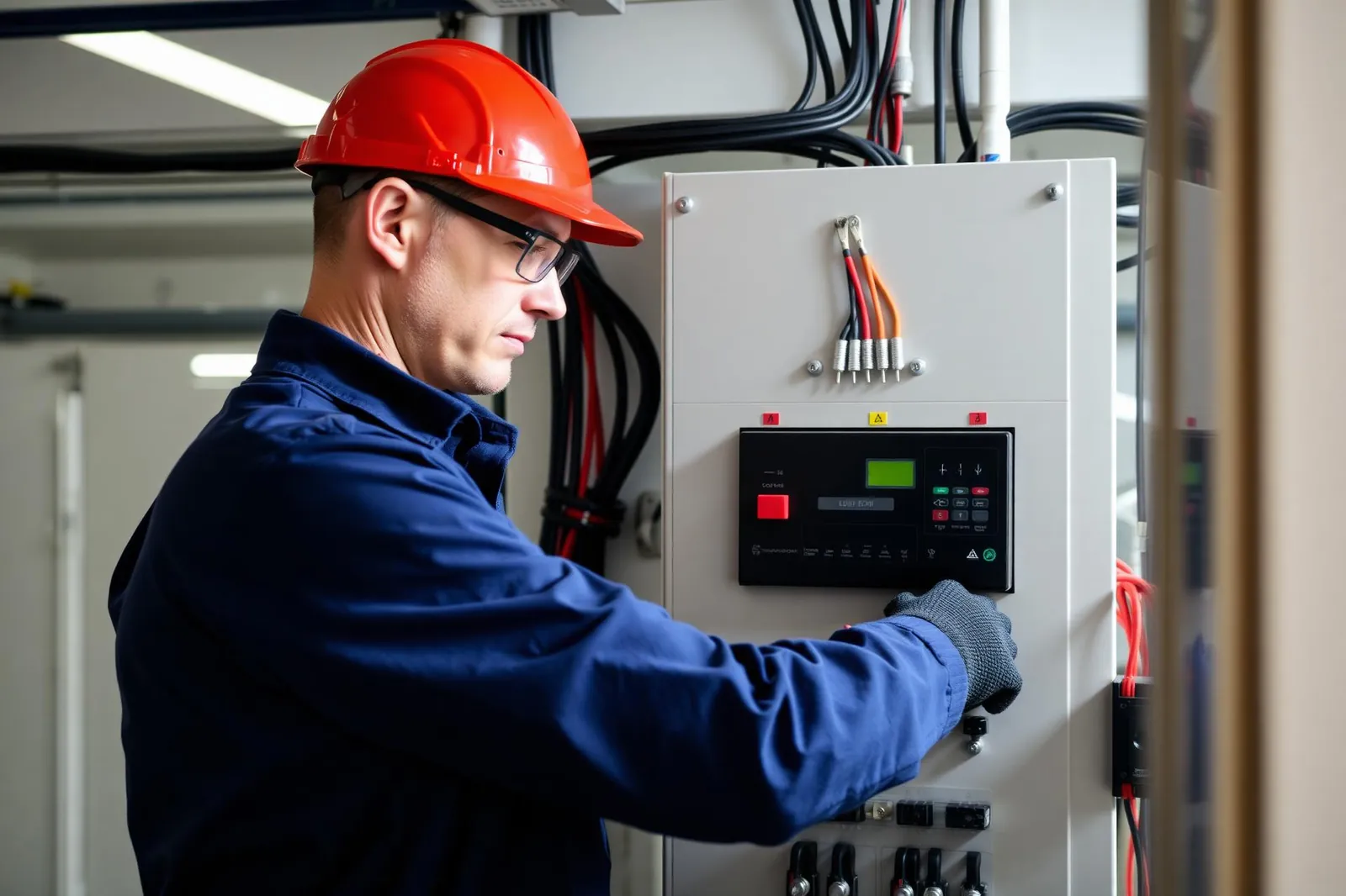 Elektriker arbetar med elcentral
